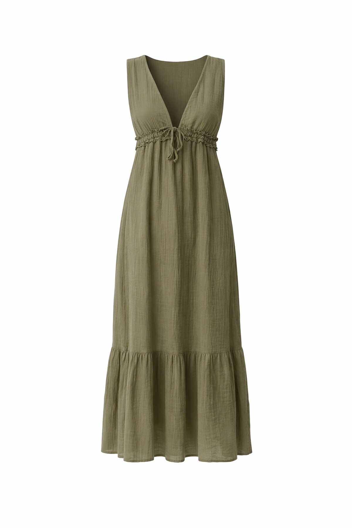 Vizon V Yaka Fırfır Detaylı Astarlı Müslin Elbise