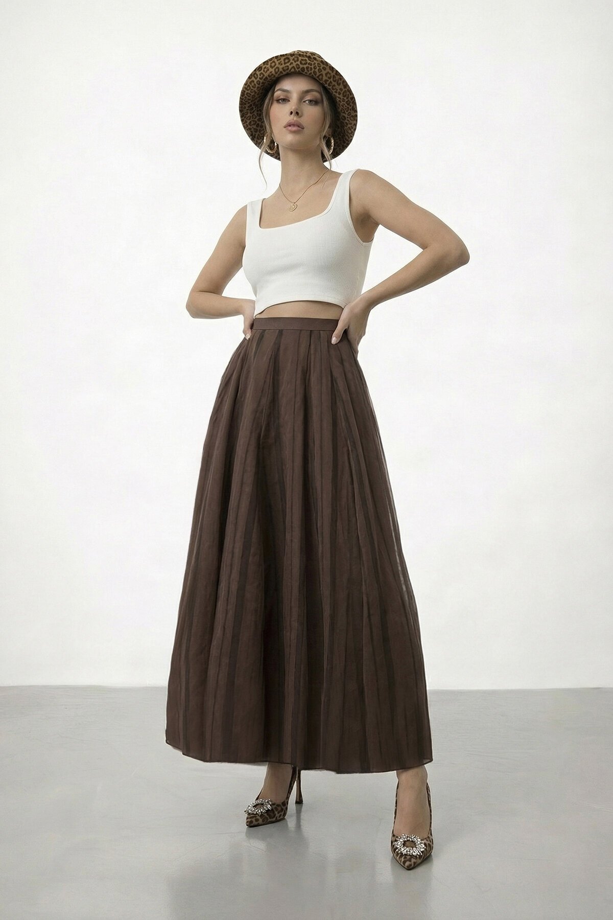 Yüksek Bel Pileli Midi Etek