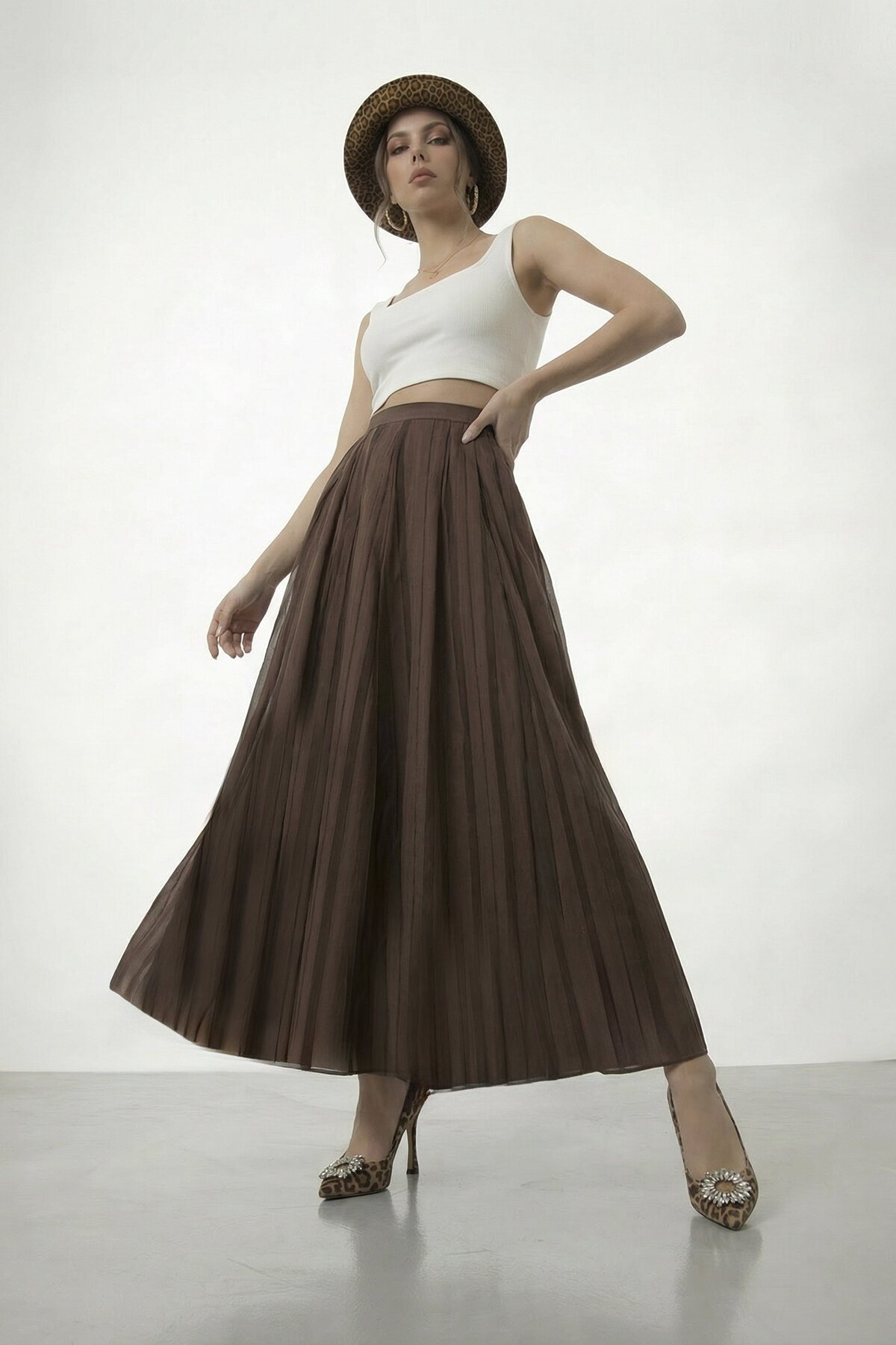 Yüksek Bel Pileli Midi Etek