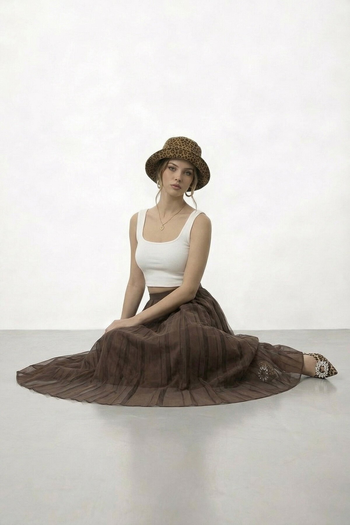 Yüksek Bel Pileli Midi Etek