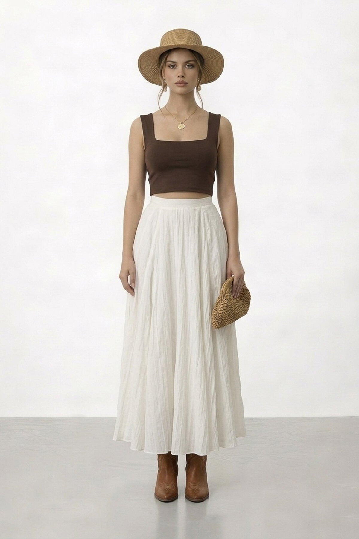 Yüksek Bel Pileli Midi Etek