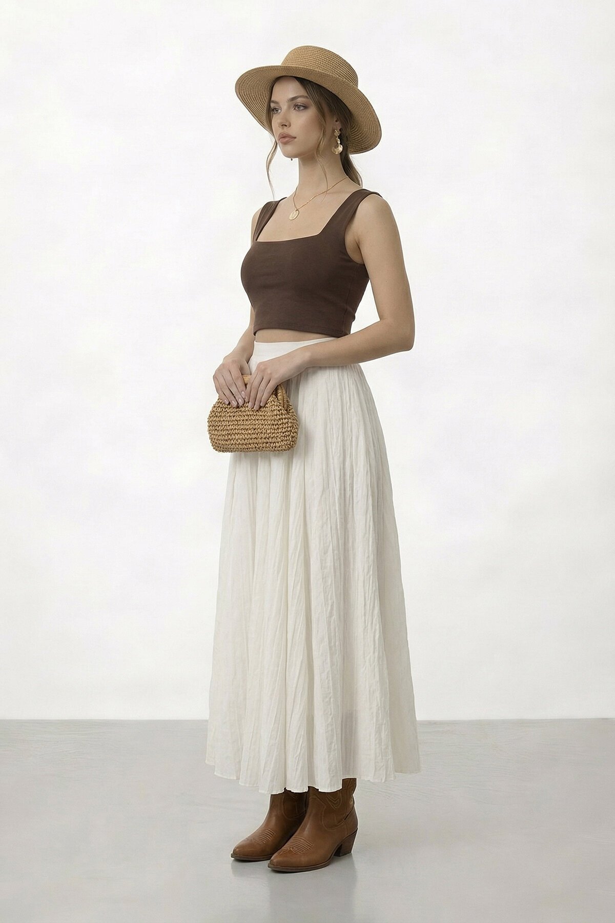 Yüksek Bel Pileli Midi Etek