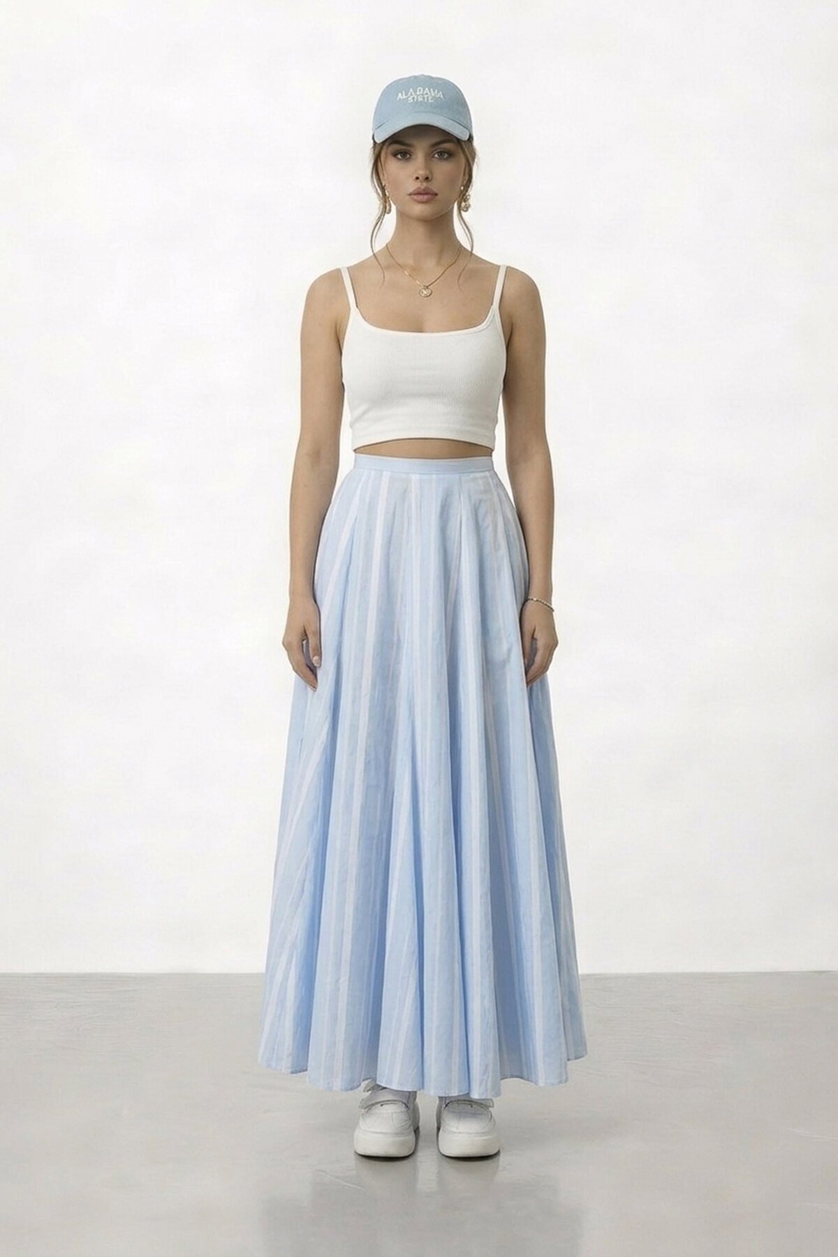 Yüksek Bel Pileli Midi Etek