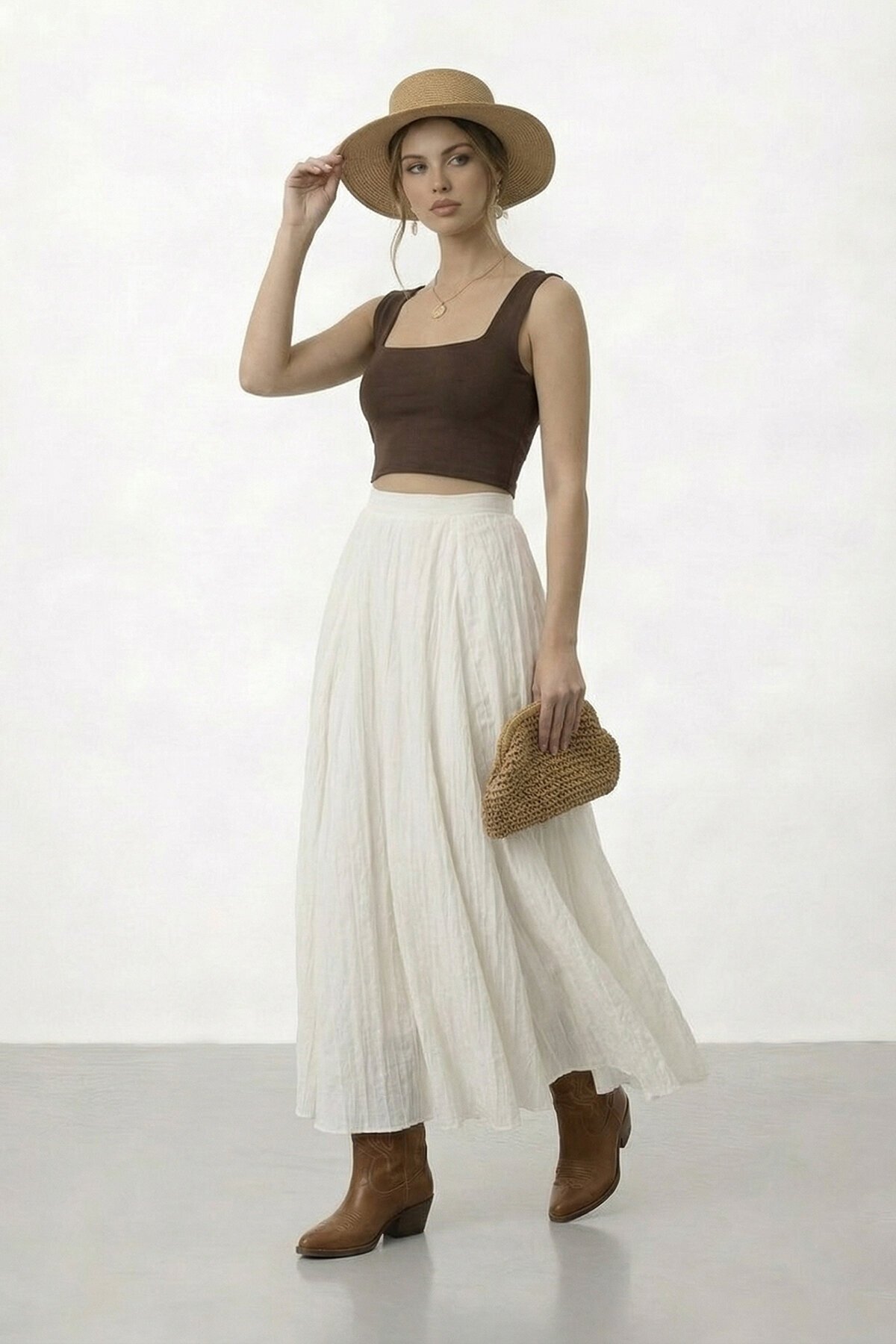 Yüksek Bel Pileli Midi Etek