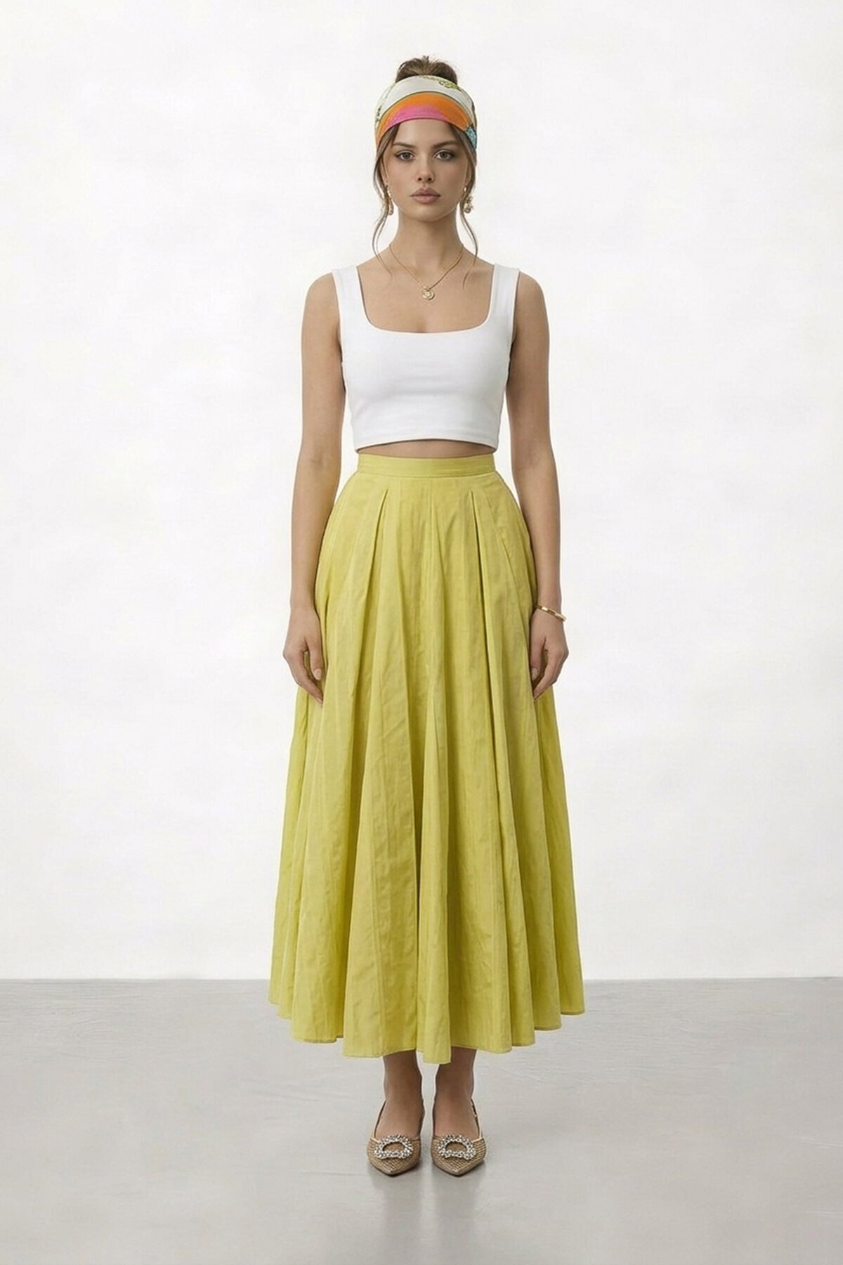 Yüksek Bel Pileli Midi Etek