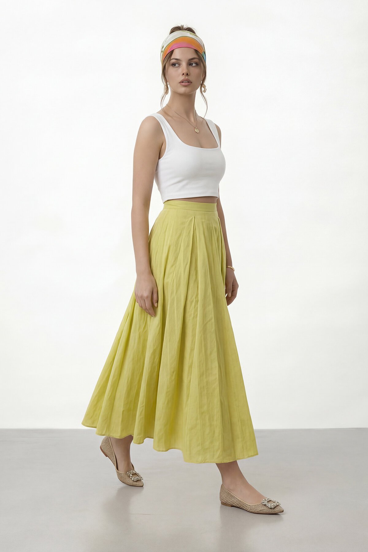 Yüksek Bel Pileli Midi Etek