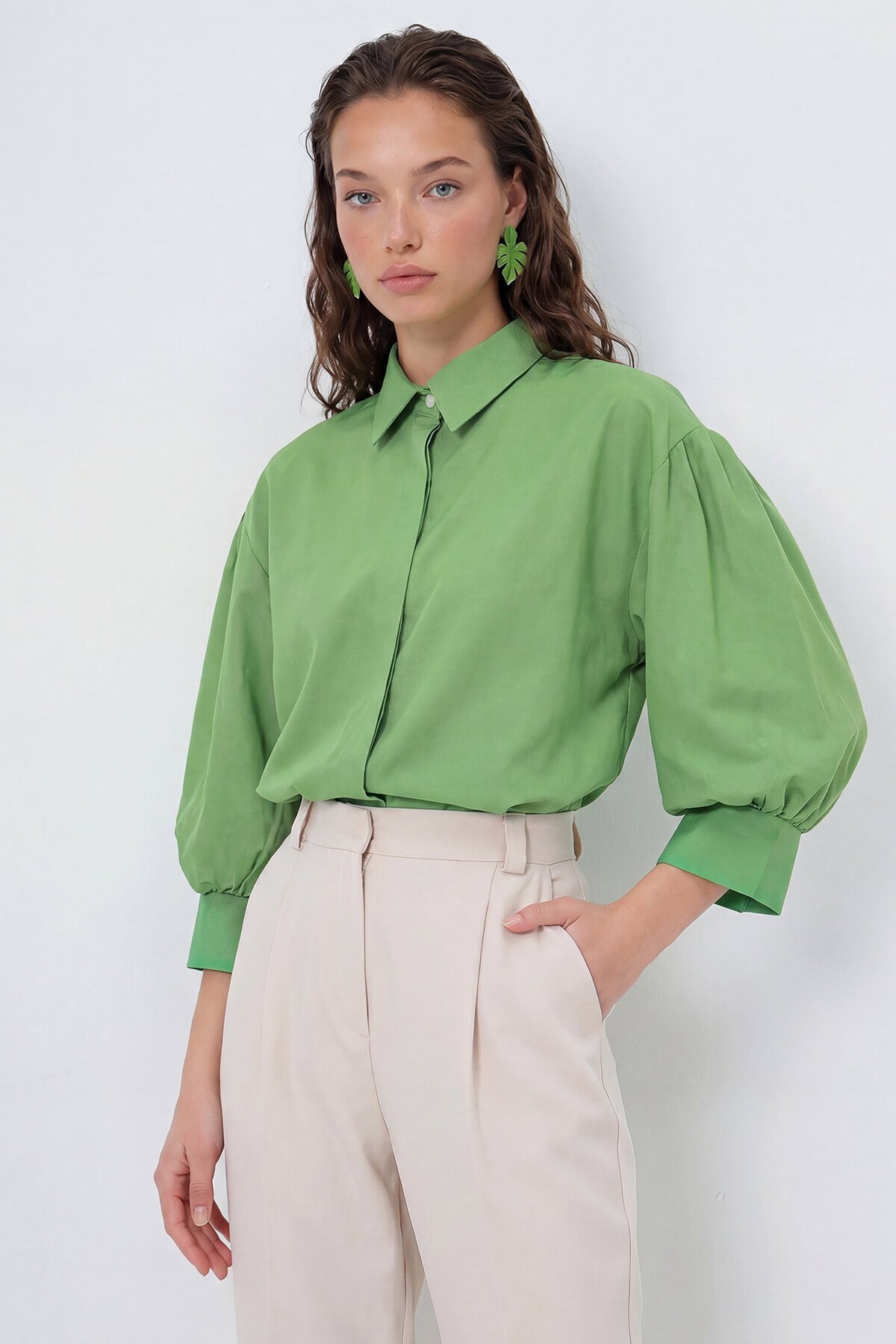 Balon Kol Gizli Patlı Basic Poplin Gömlek