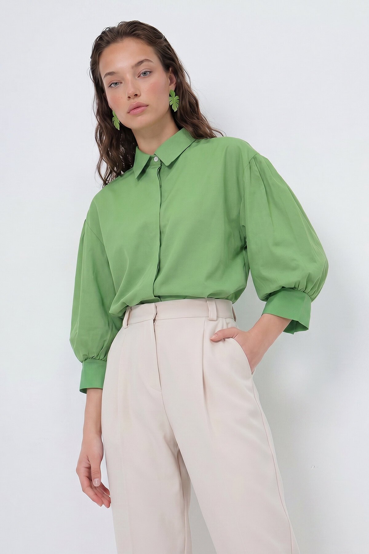 Balon Kol Gizli Patlı Basic Poplin Gömlek