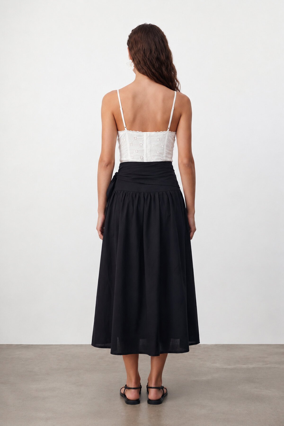 Beli Bağlamalı Fermuarlı İçi Astarlı Midi Poplin Etek