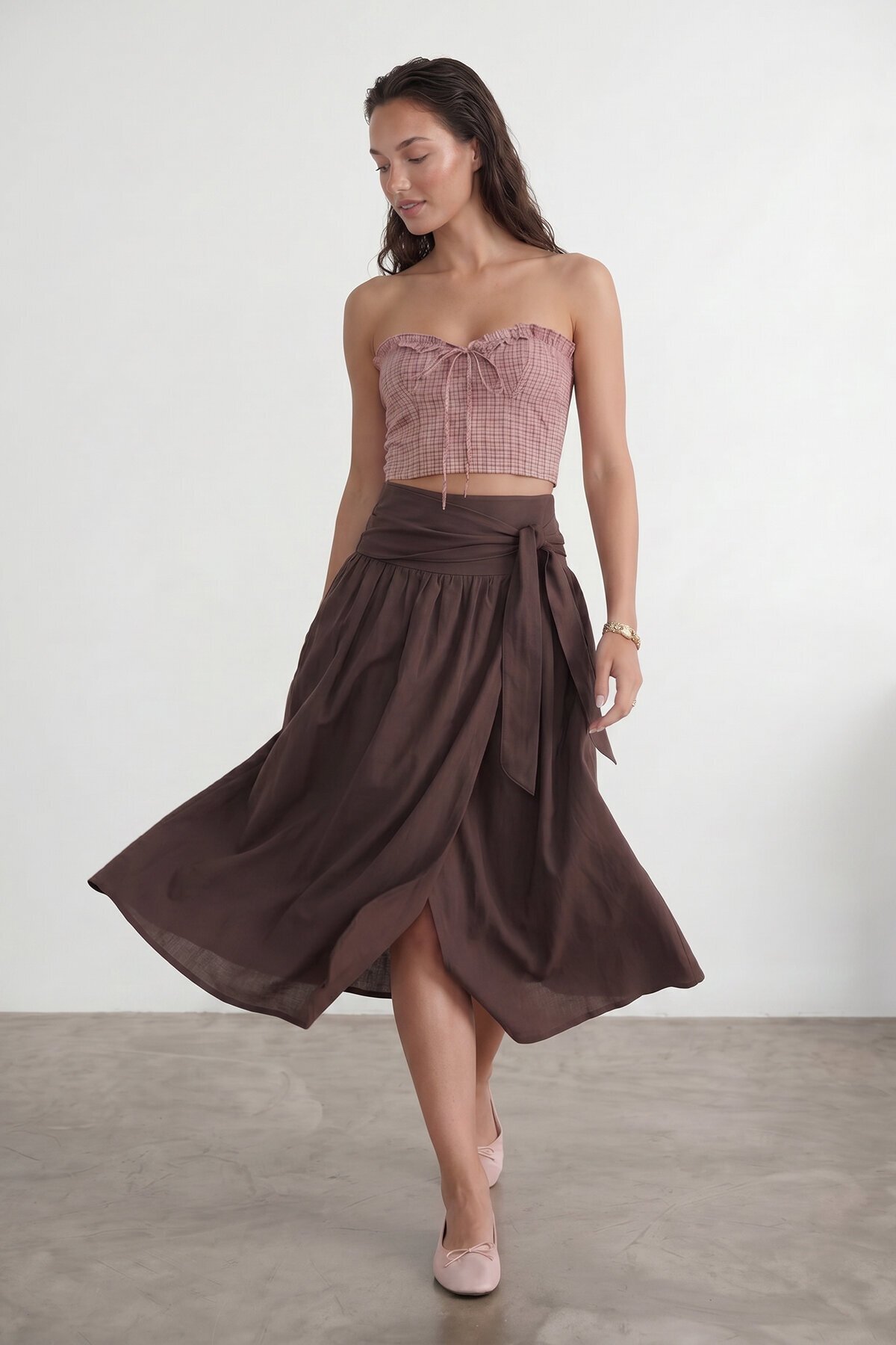 Beli Bağlamalı Fermuarlı İçi Astarlı Midi Poplin Etek