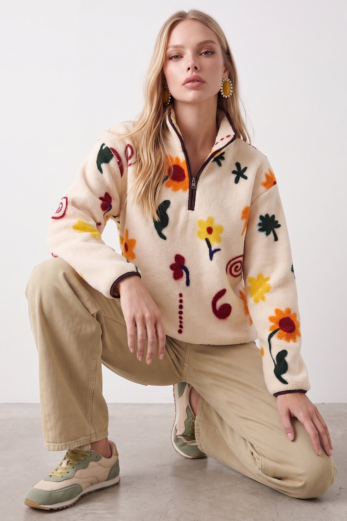 Botanik Desenli Yarım Fermuarlı Sweatshirt