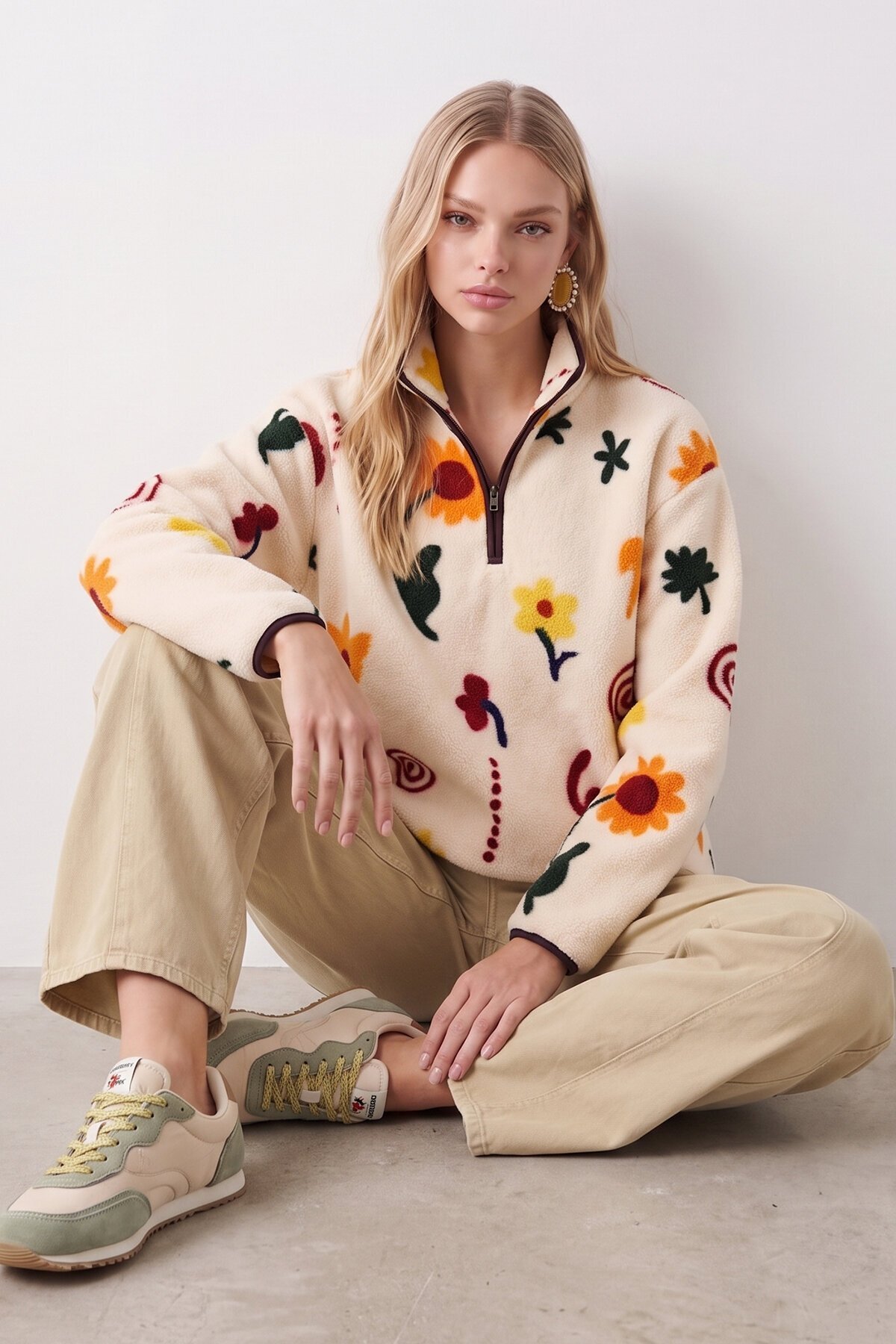 Botanik Desenli Yarım Fermuarlı Sweatshirt