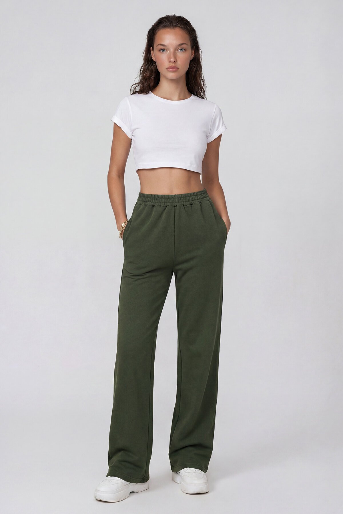Çift Cepli Lastikli Yanları Şeritli Wide Leg Pantolon