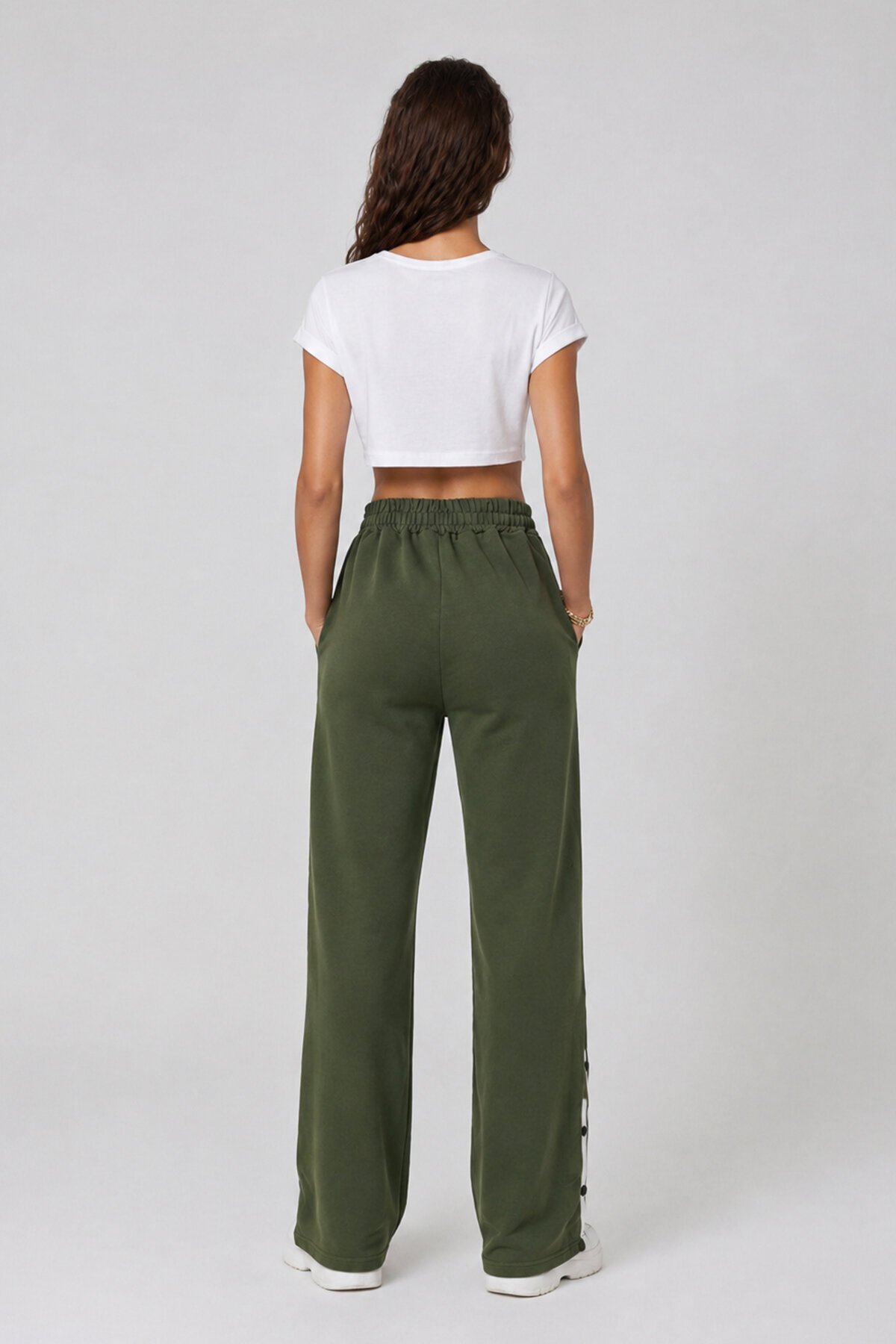 Çift Cepli Lastikli Yanları Şeritli Wide Leg Pantolon