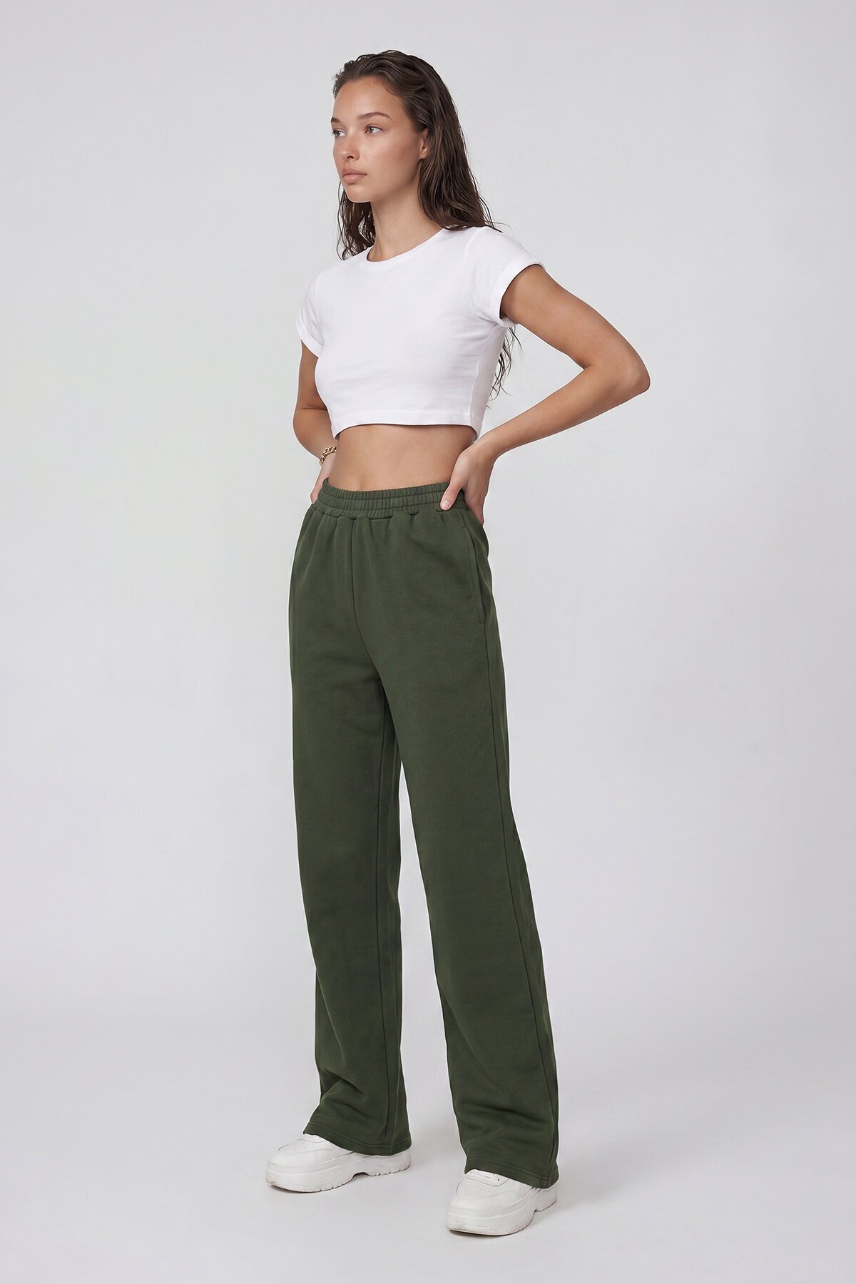 Çift Cepli Lastikli Yanları Şeritli Wide Leg Pantolon