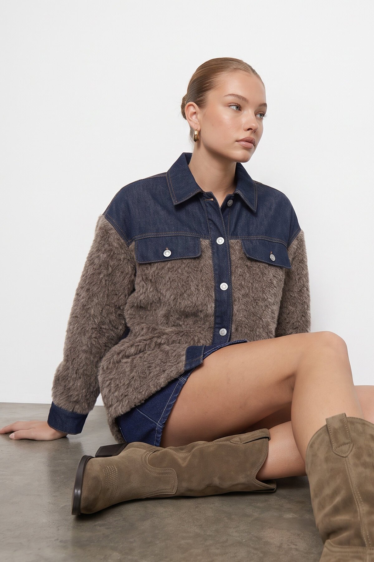 Denim Garnili Buklet Ceket