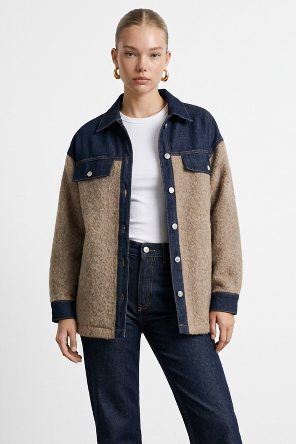 Denim Garnili Buklet Ceket