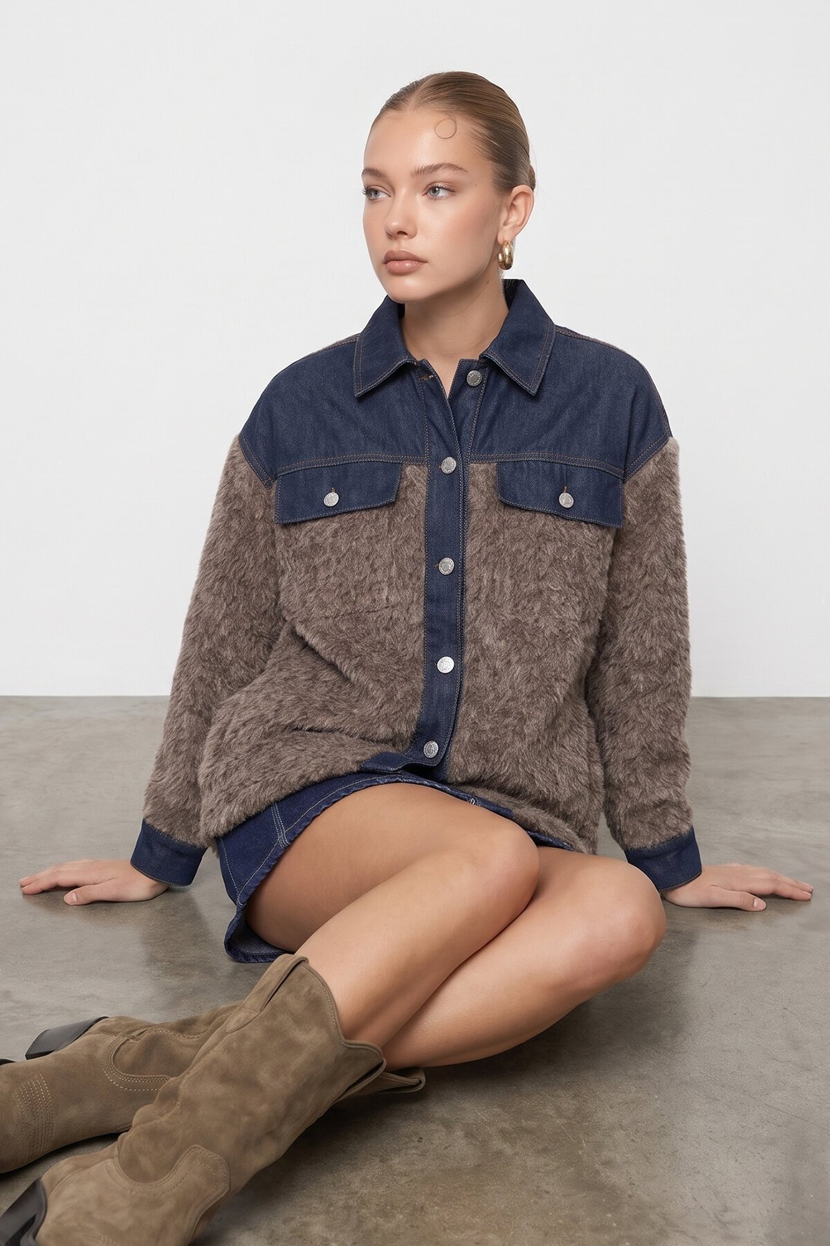 Denim Garnili Buklet Ceket