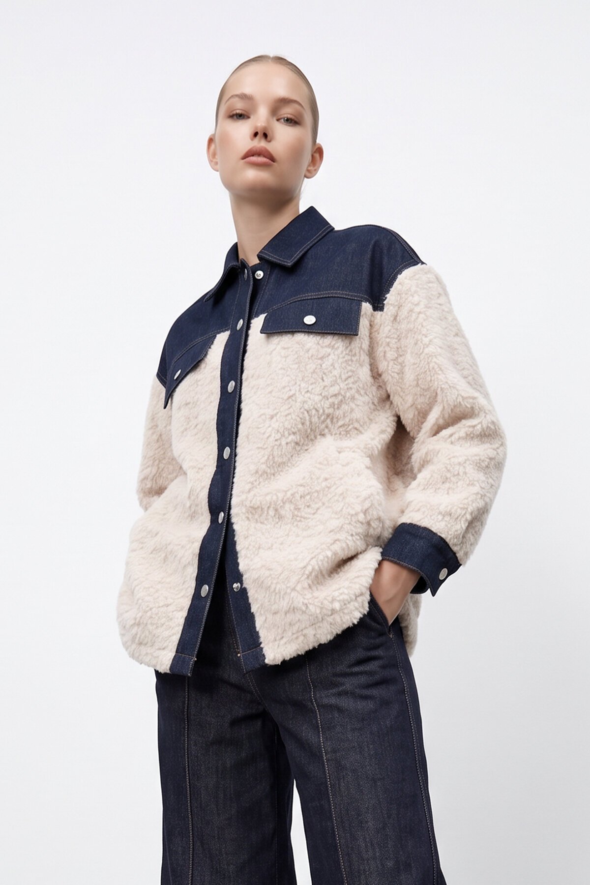 Denim Garnili Buklet Ceket