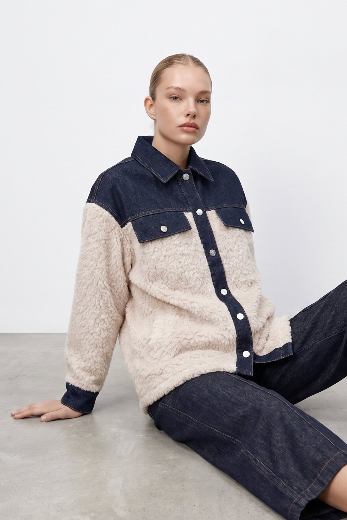 Denim Garnili Buklet Ceket