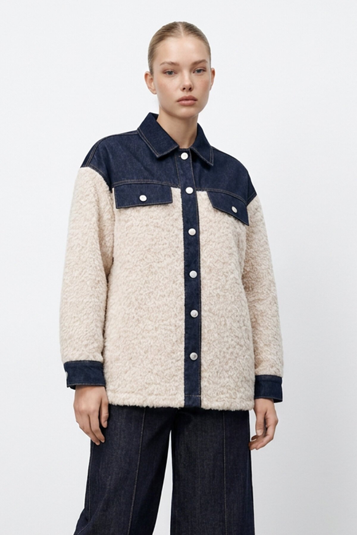 Denim Garnili Buklet Ceket
