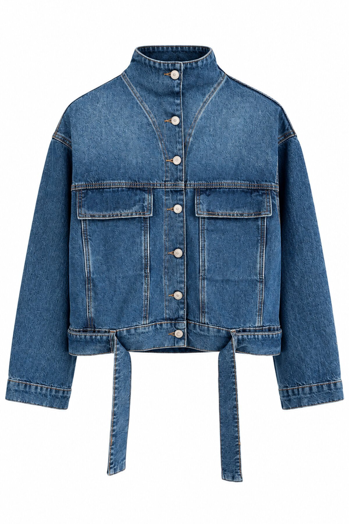 Dik Yaka Kuşaklı Denim Ceket