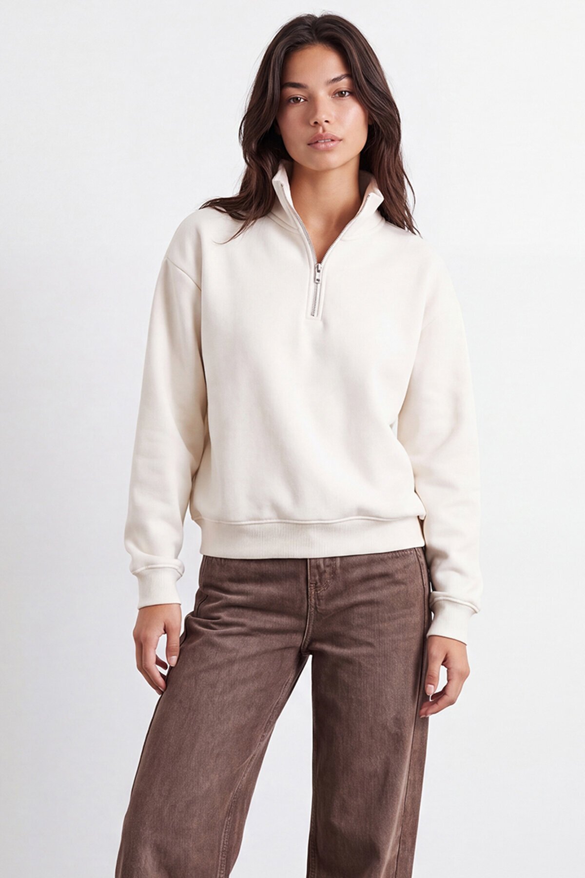 Fermuarlı Şardonlu Oversize Sweatshirt