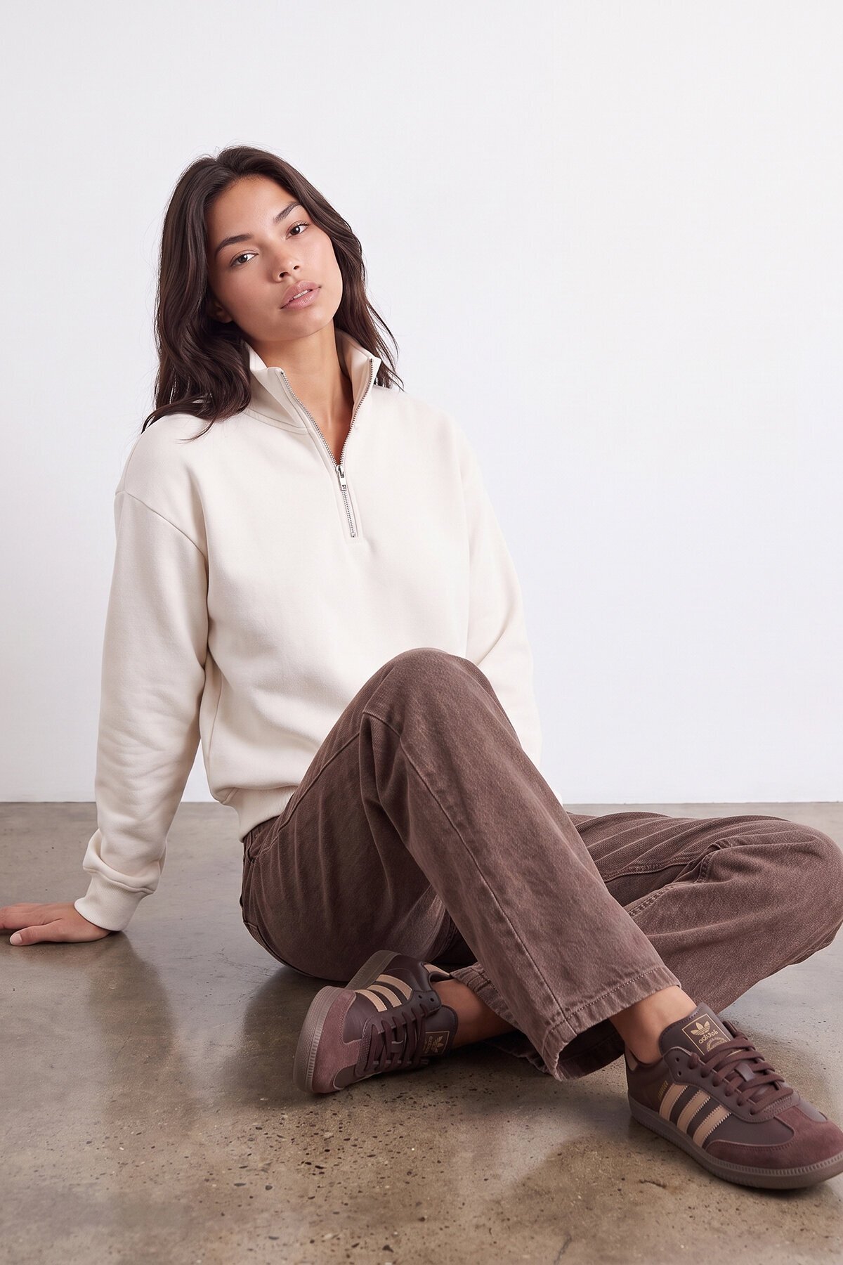 Fermuarlı Şardonlu Oversize Sweatshirt