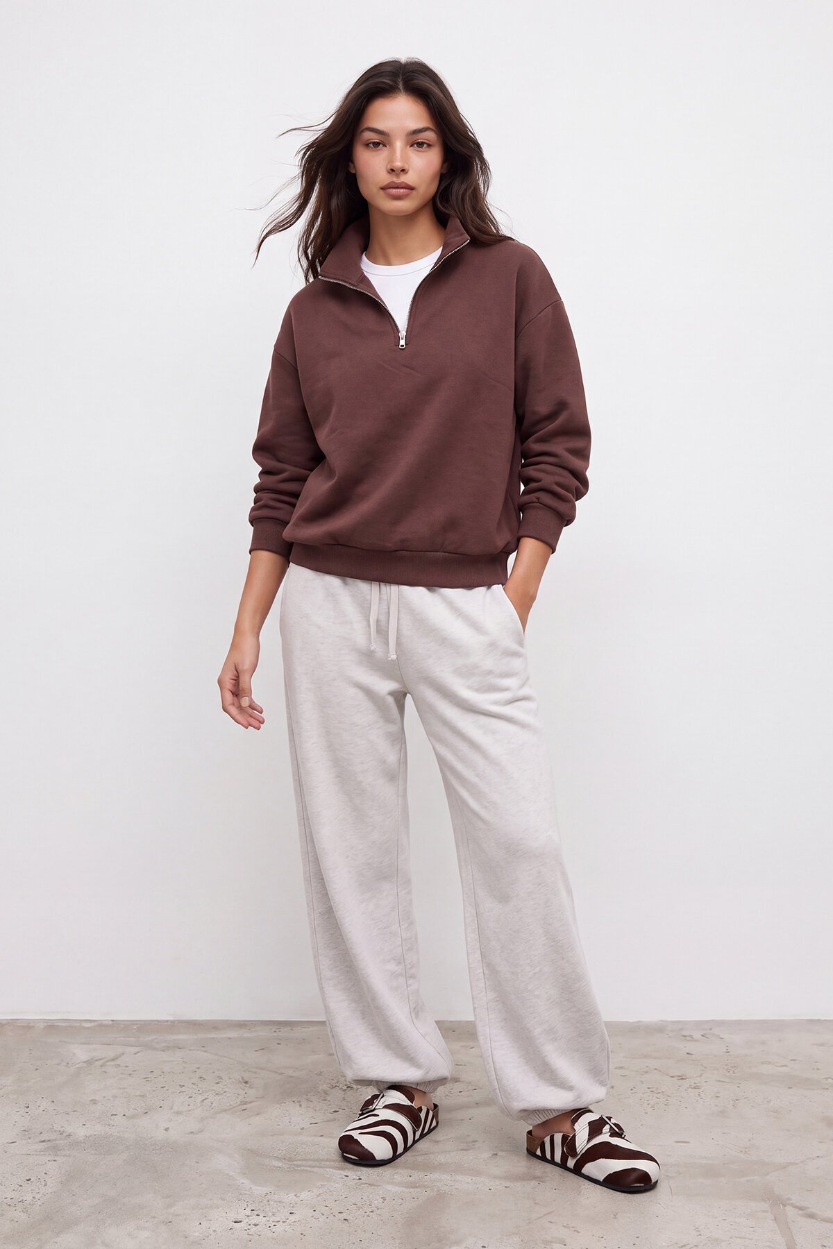 Fermuarlı Şardonlu Oversize Sweatshirt