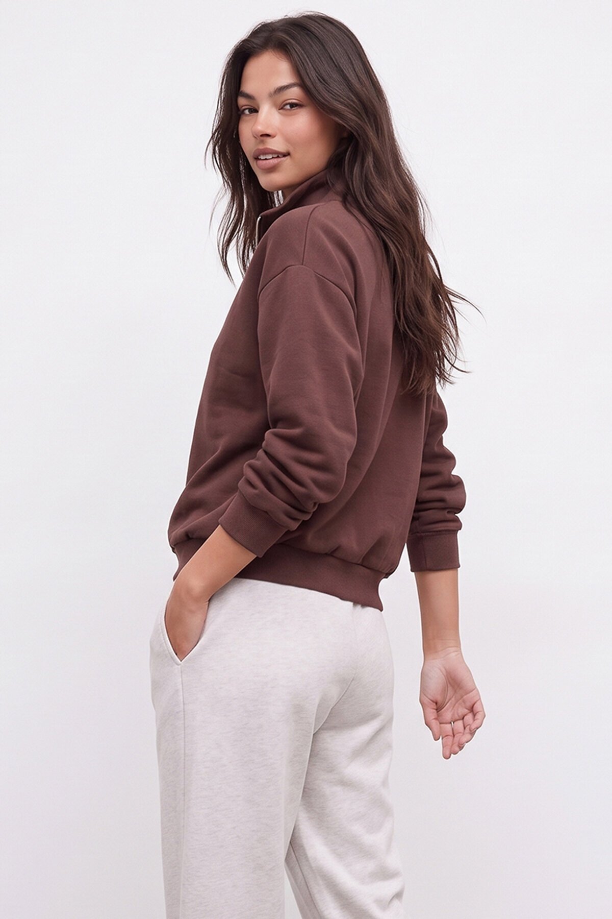 Fermuarlı Şardonlu Oversize Sweatshirt