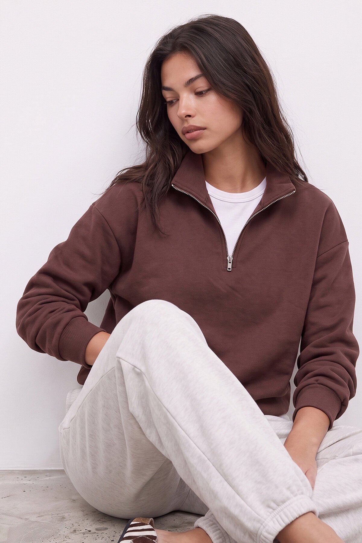 Fermuarlı Şardonlu Oversize Sweatshirt