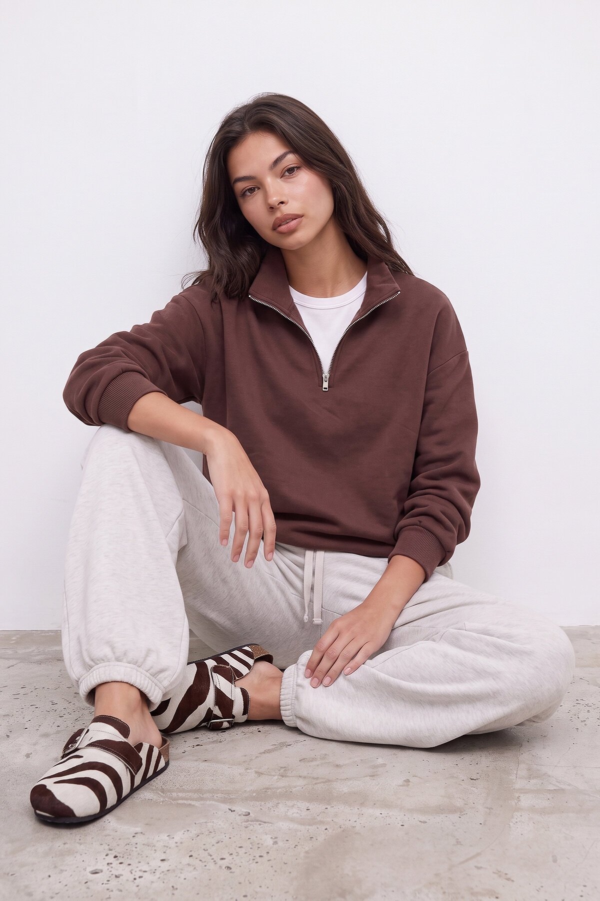 Fermuarlı Şardonlu Oversize Sweatshirt
