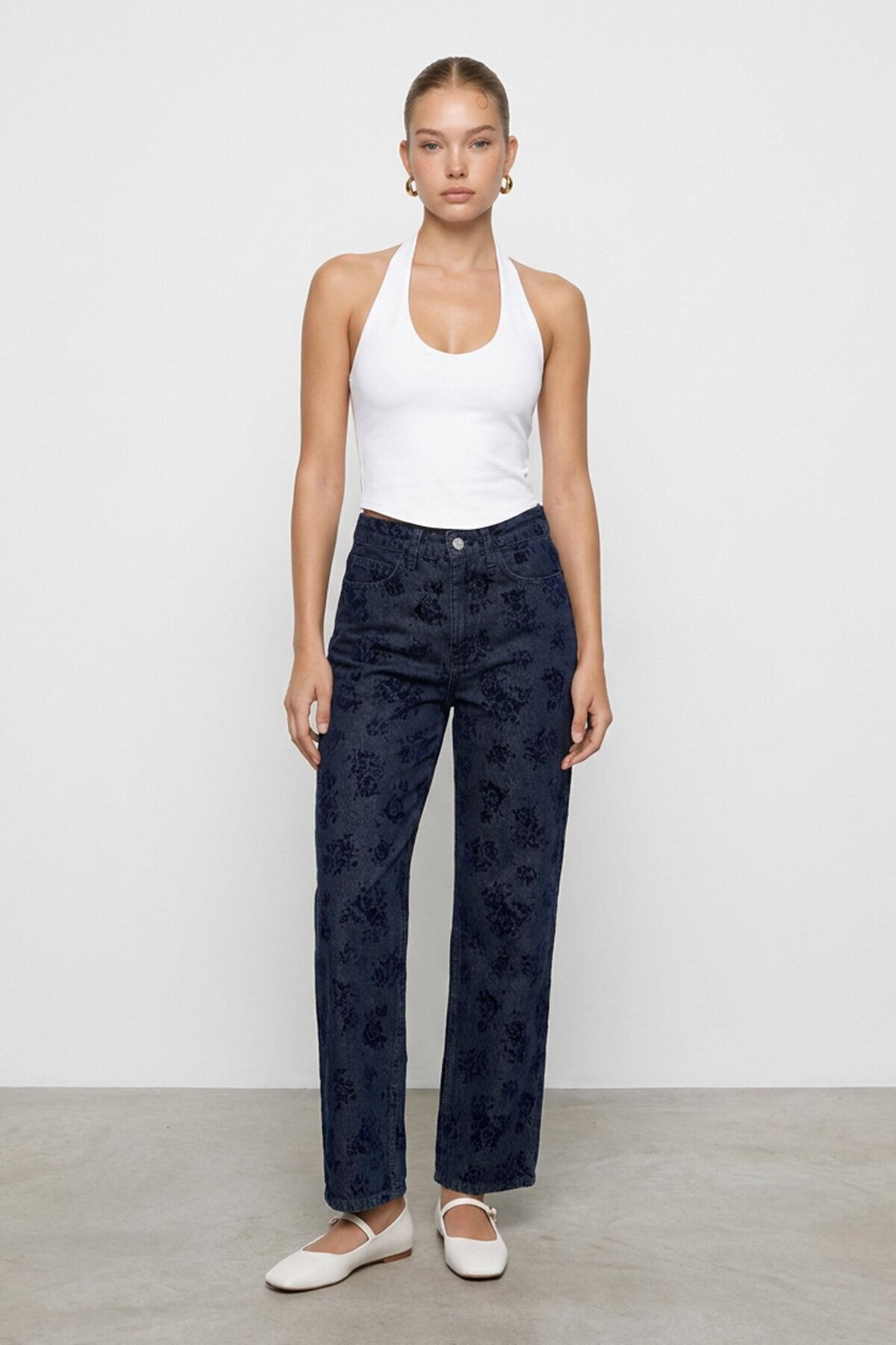 Flok Baskılı Düz Kesim Denim Pantolon
