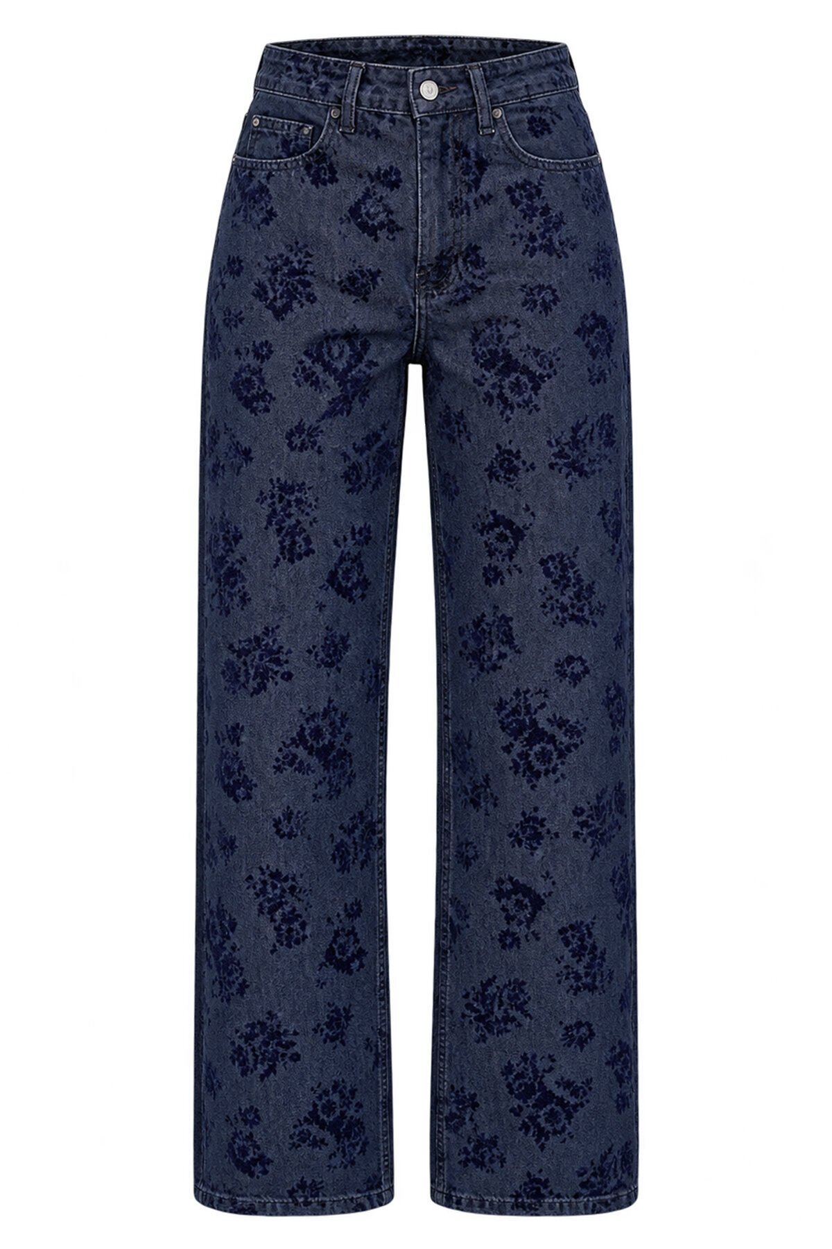 Flok Baskılı Düz Kesim Denim Pantolon