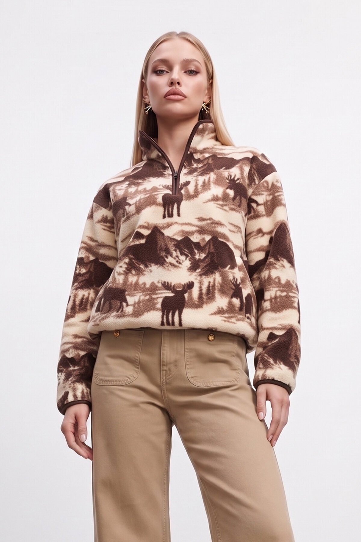 Geyik ve Doğa Desenli Yarım Fermuar Sweatshirt