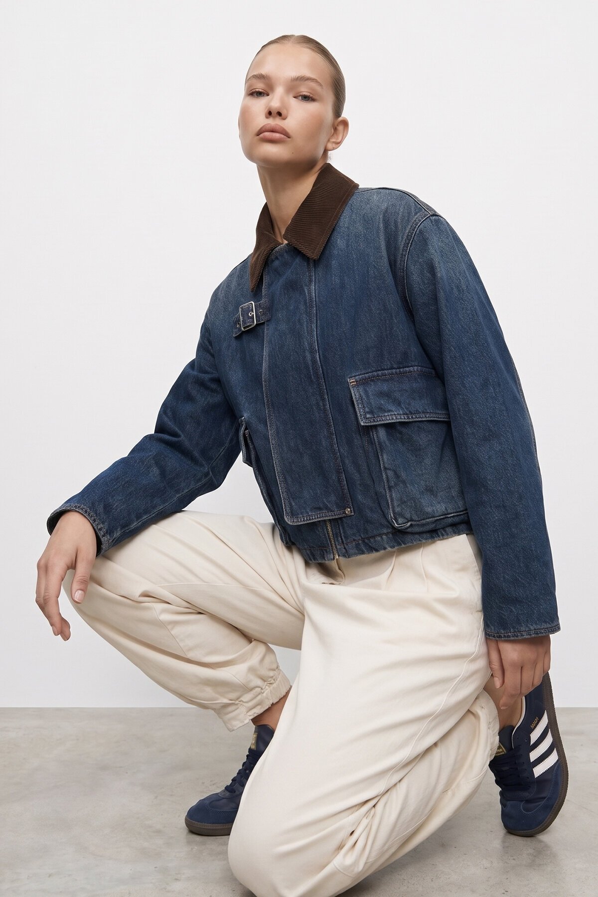 Kadife Yaka Torba Cepli Denim Ceket