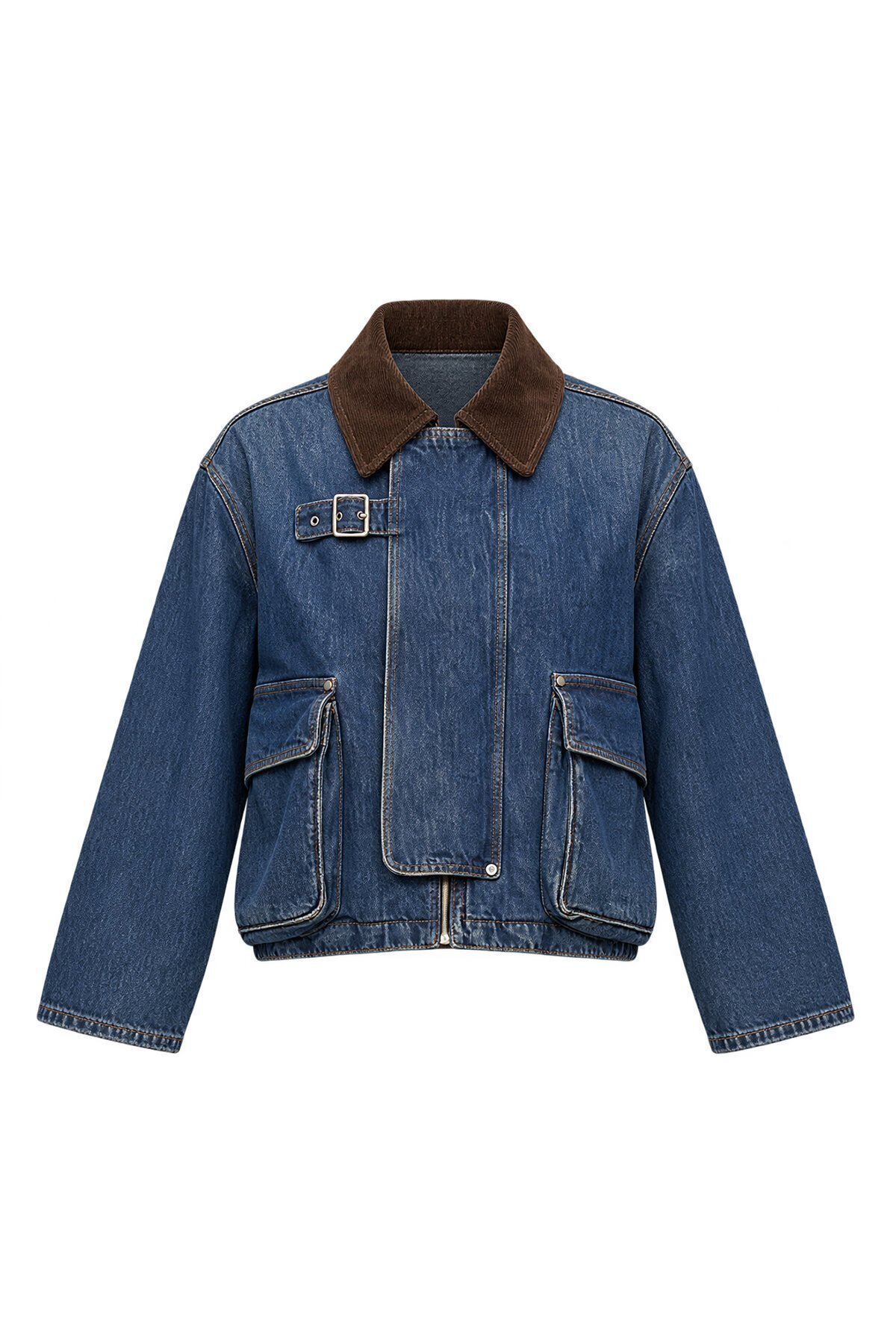 Kadife Yaka Torba Cepli Denim Ceket