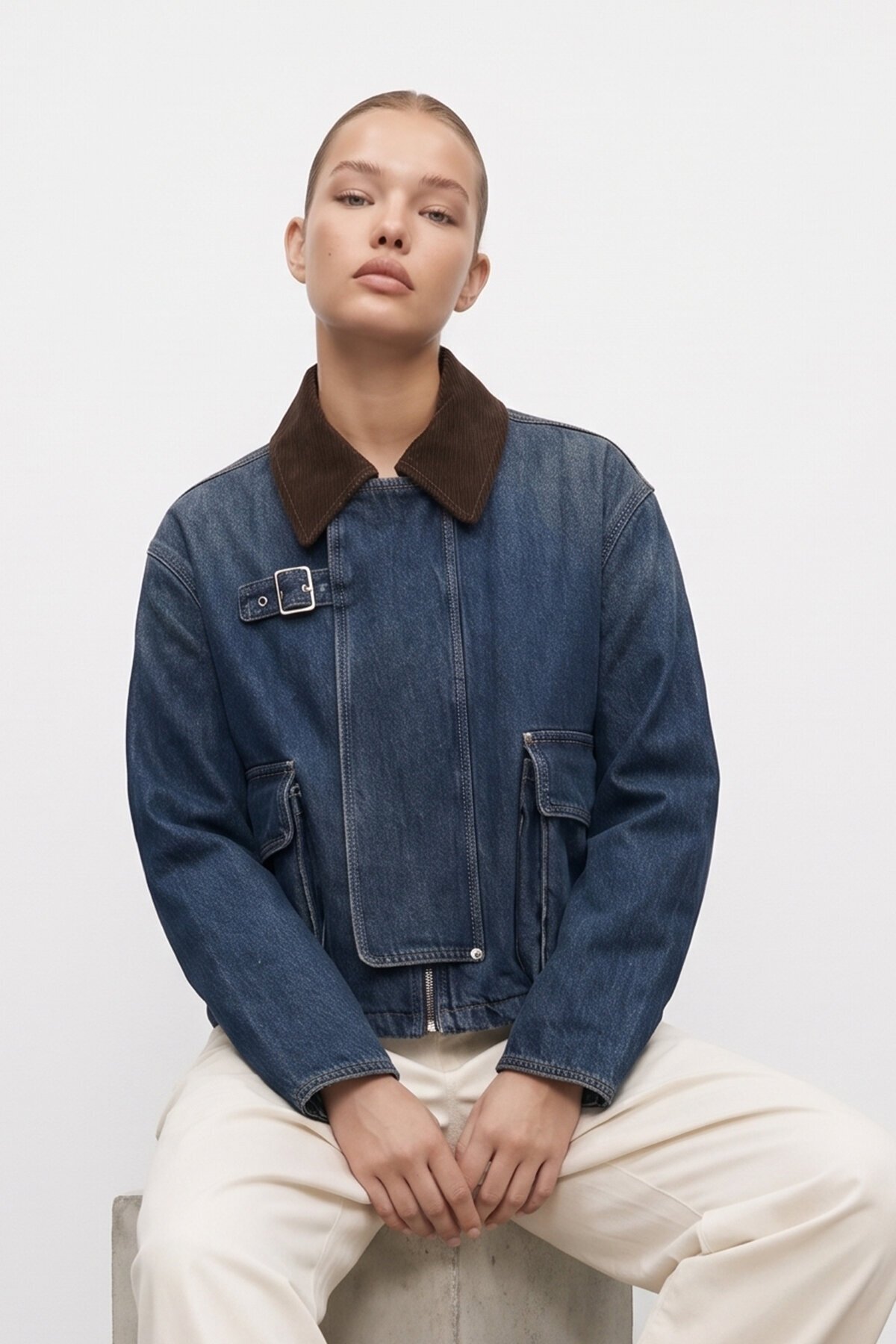 Kadife Yaka Torba Cepli Denim Ceket