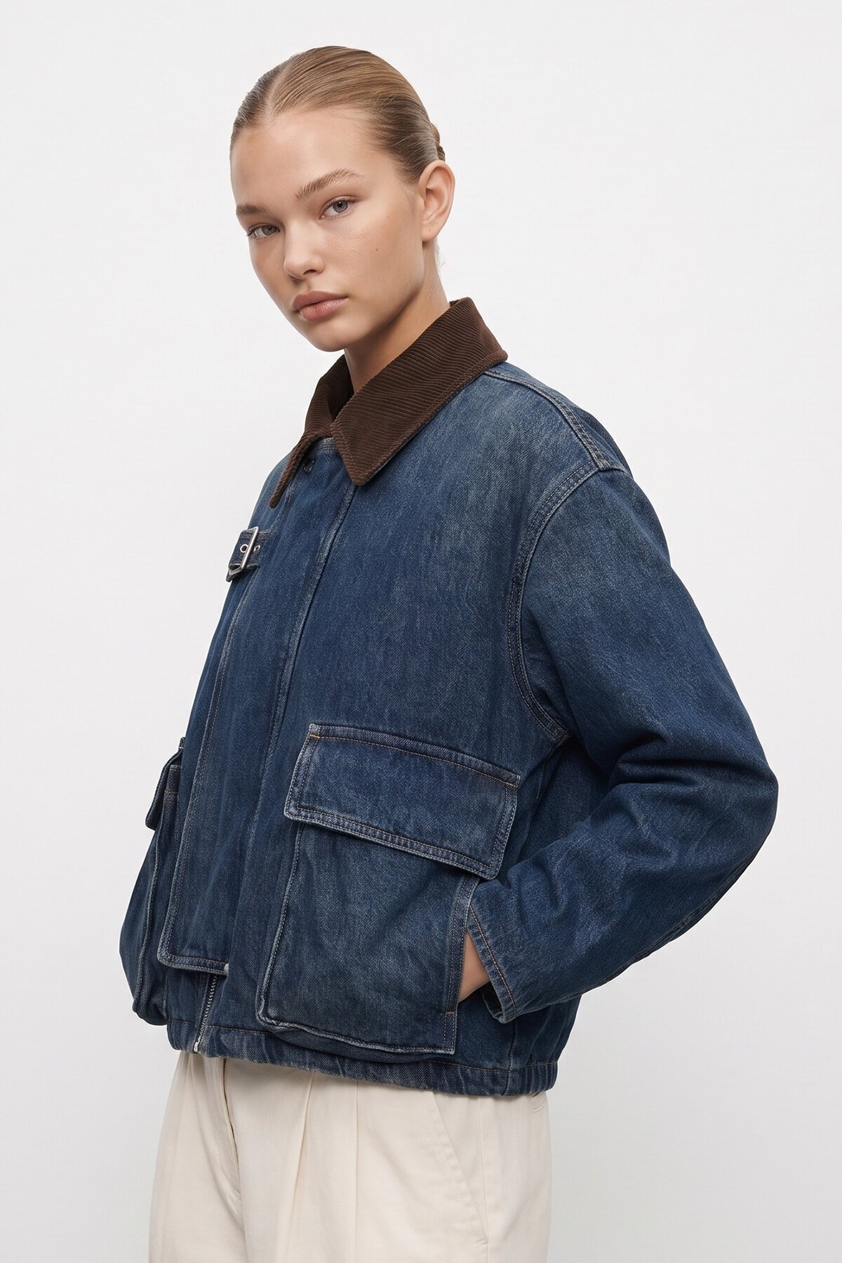 Kadife Yaka Torba Cepli Denim Ceket
