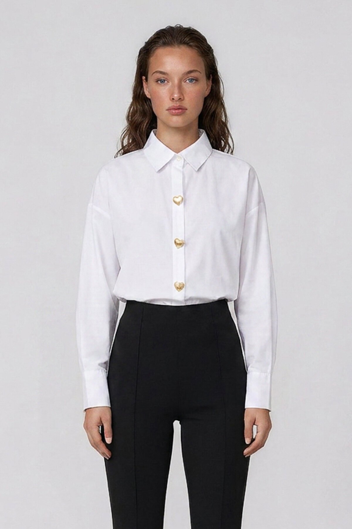 Kalp Düğmeli Oversize Poplin Gömlek
