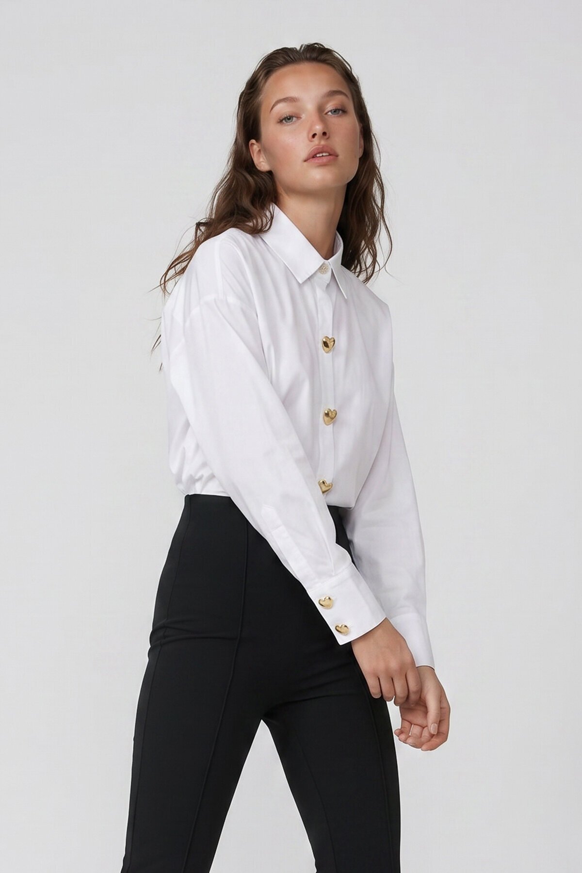 Kalp Düğmeli Oversize Poplin Gömlek