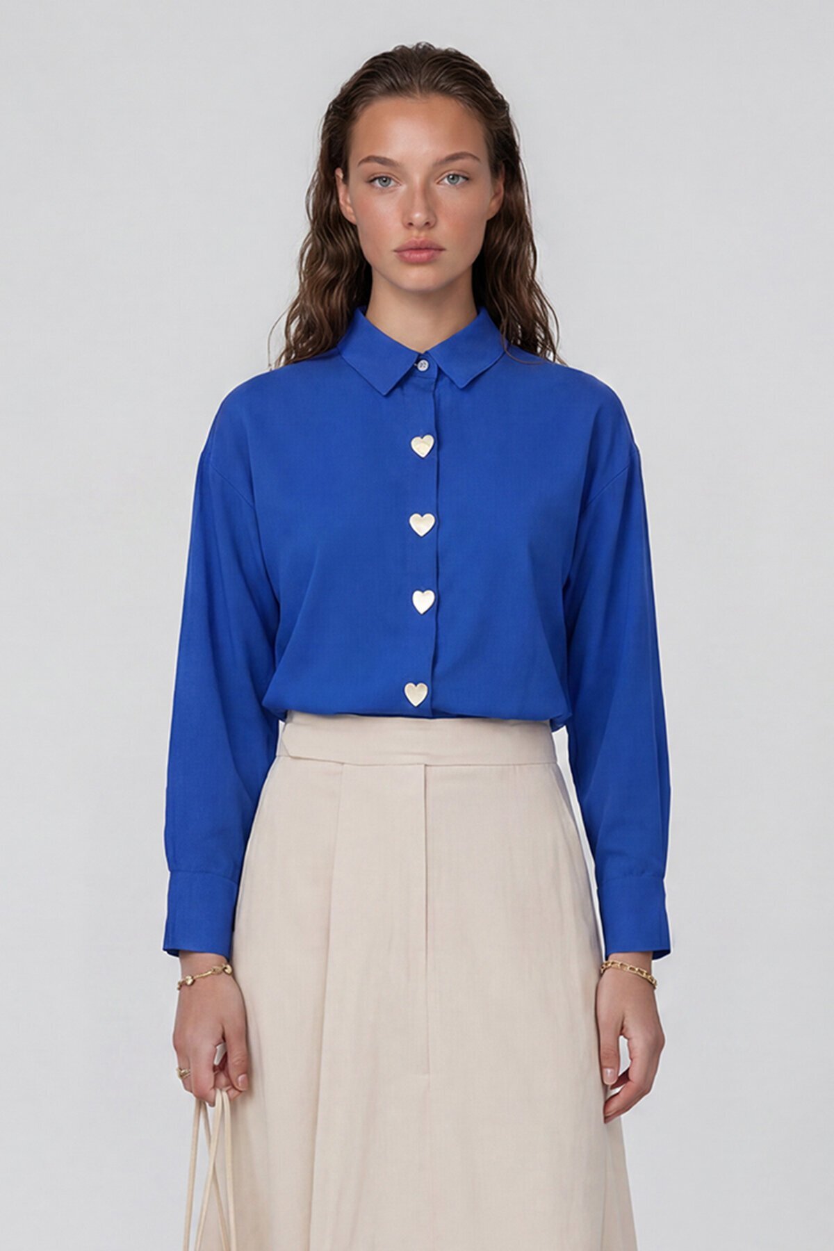 Kalp Düğmeli Oversize Poplin Gömlek