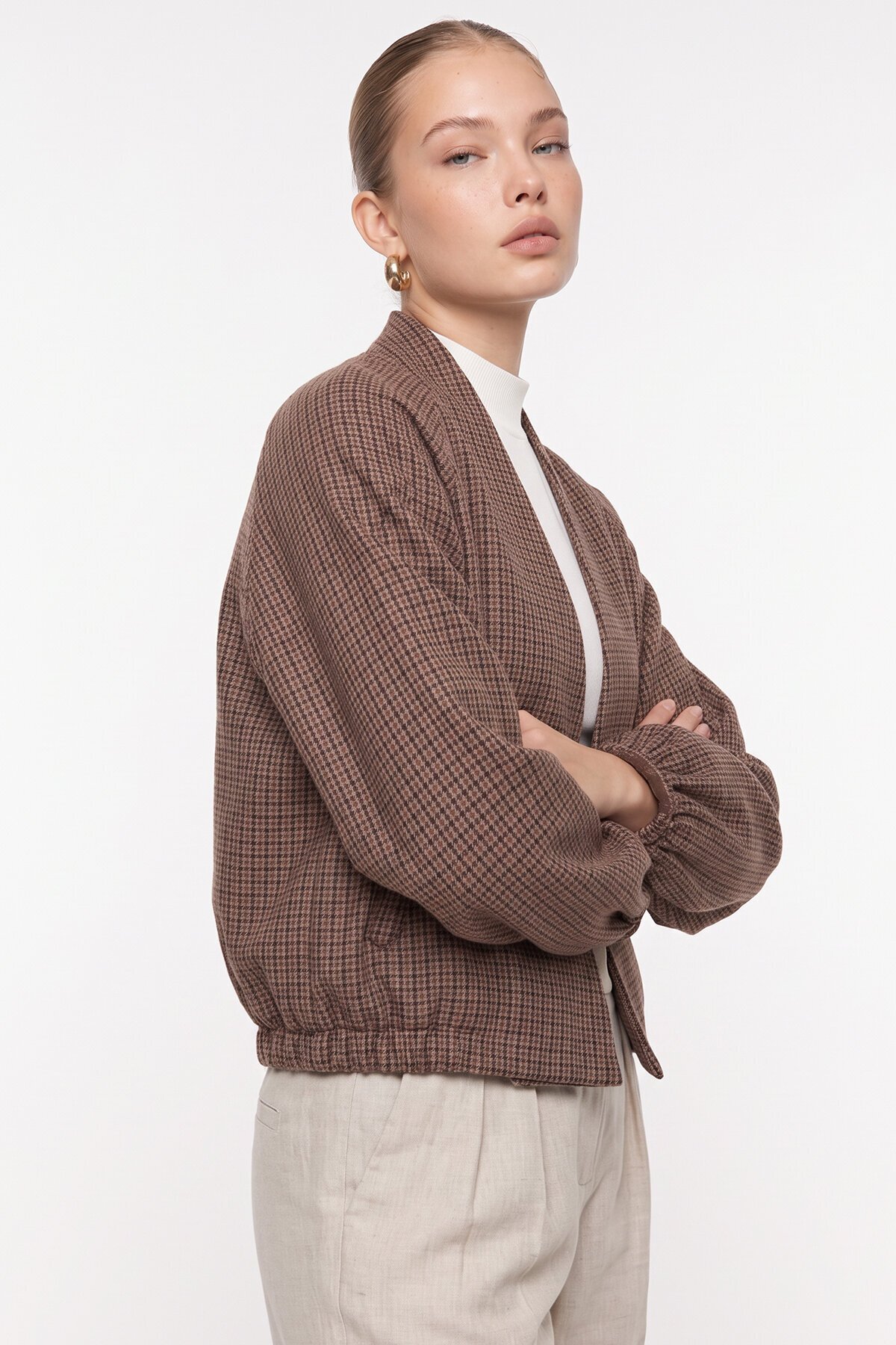 Kruvaze Kesim Büzgülü Ekose Crop Ceket