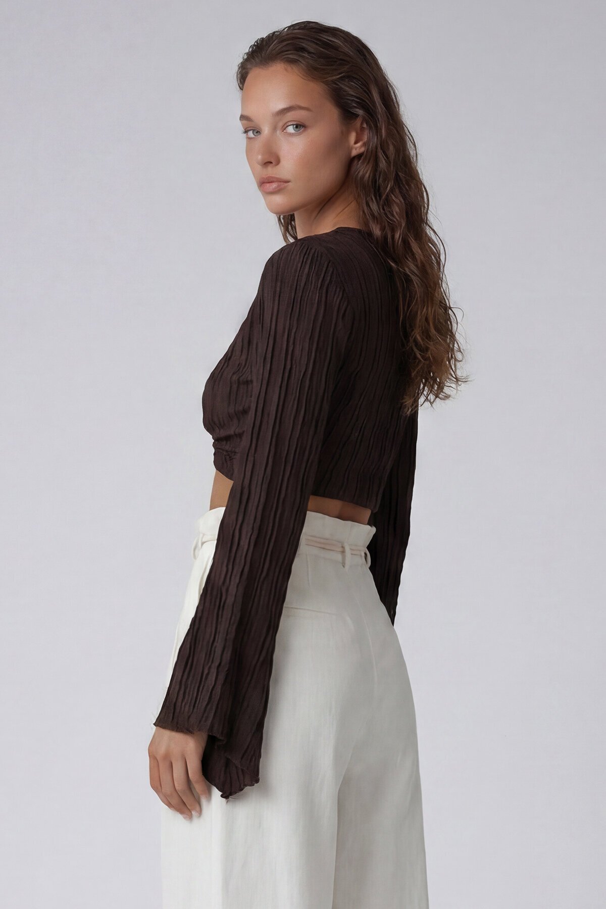 Kruvaze Yaka İspanyol Kol Crop Bluz