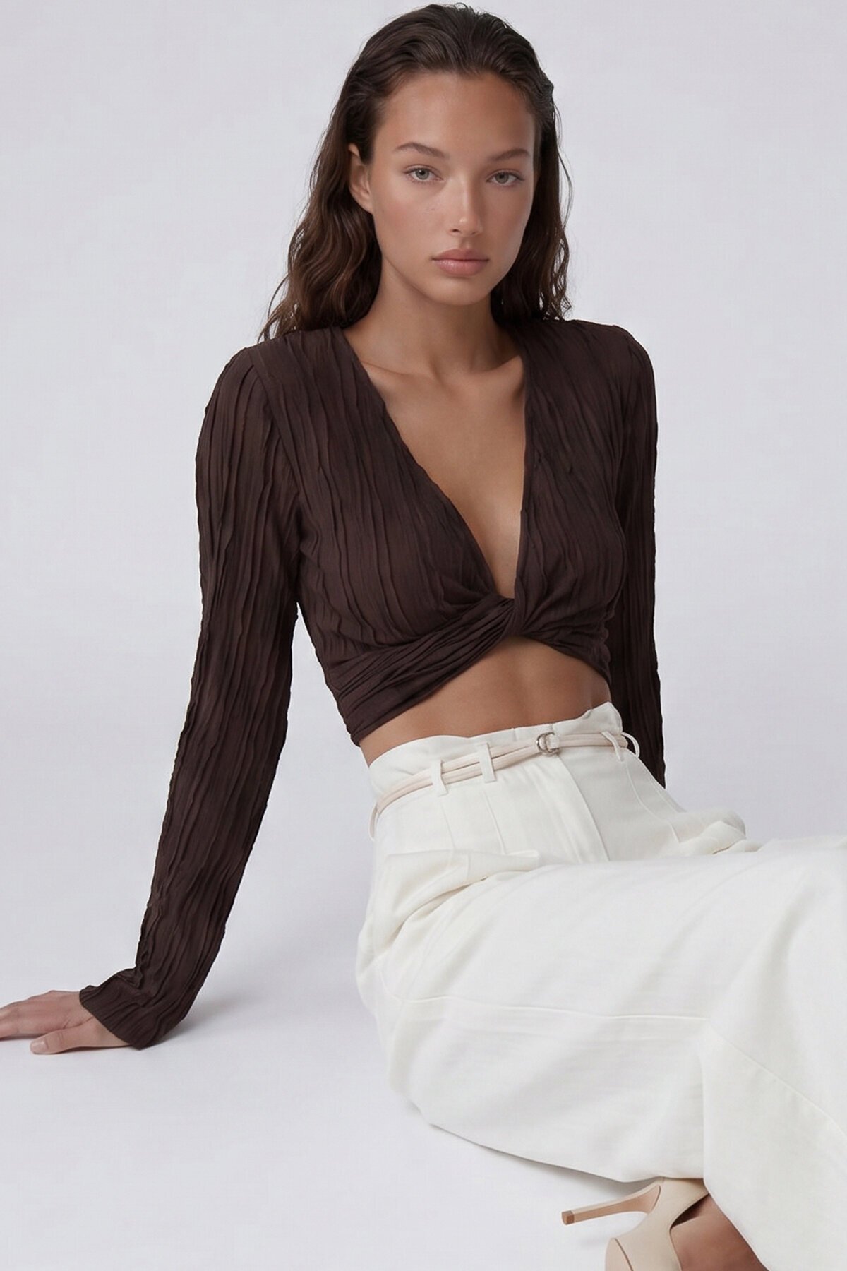 Kruvaze Yaka İspanyol Kol Crop Bluz