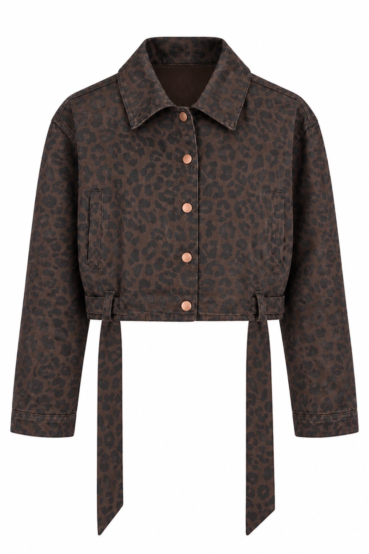Leopar Desenli Kuşaklı Crop Ceket