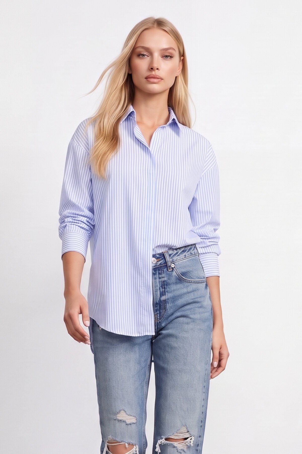 Mavi Oval Kesim Çizgili Oversize Gömlek