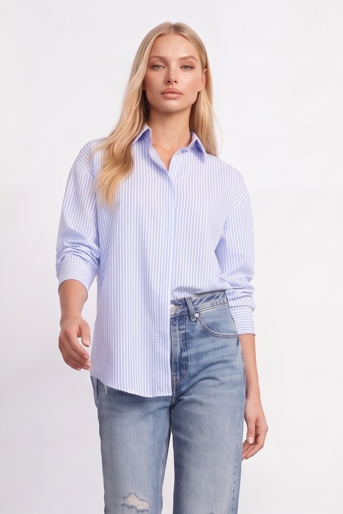 Mavi Oval Kesim Çizgili Oversize Gömlek