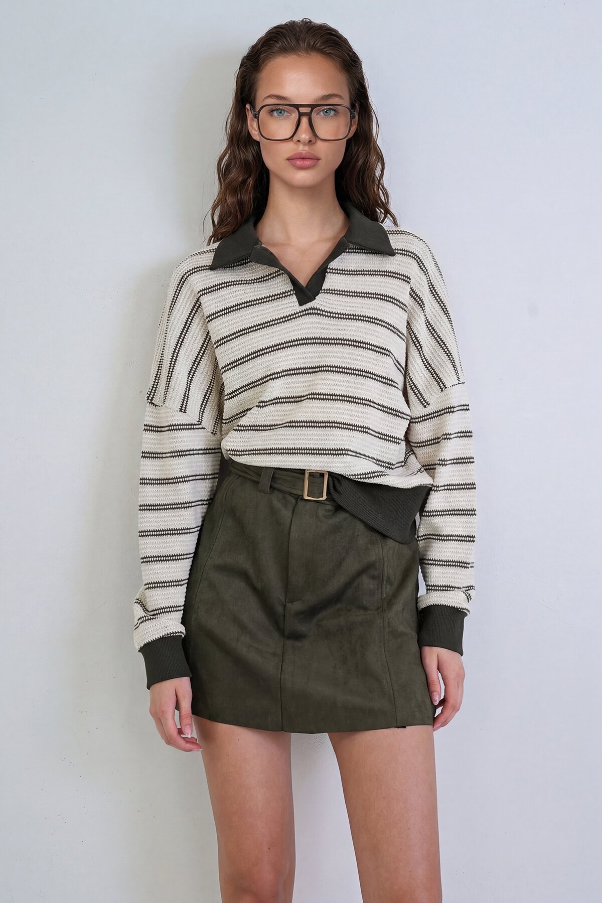 Polo Yaka Renk Bloklu Oversize Sweatshırt
