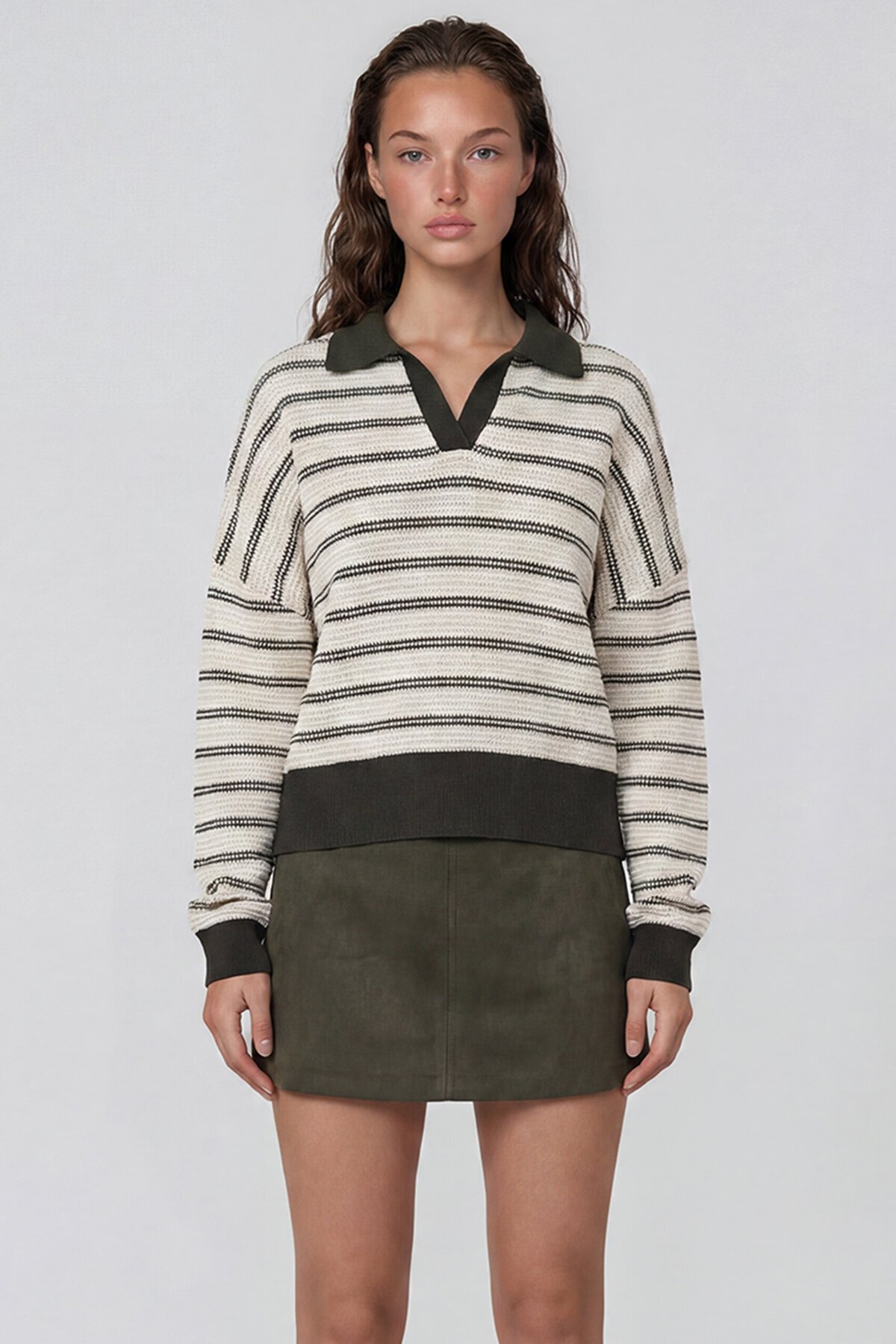 Polo Yaka Renk Bloklu Oversize Sweatshırt